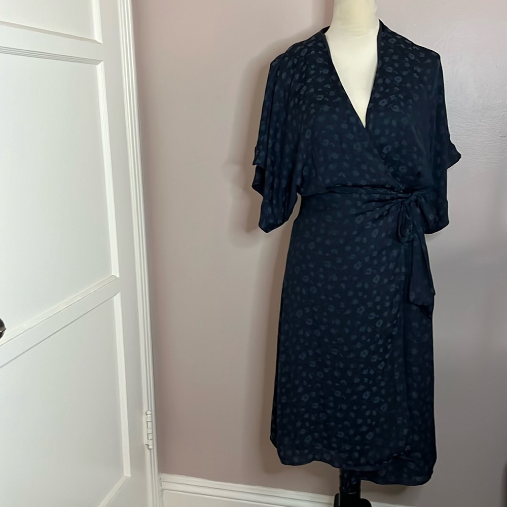 XS Chelsea 28 Navy Blue wrap dress with side belt.